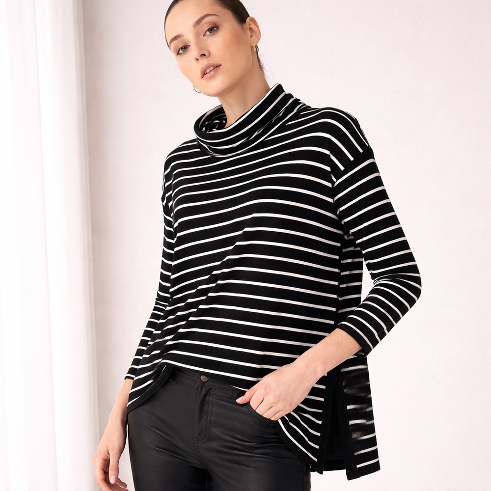 Minimalist Relaxed Fit‎ Cowl Neck Long Sleeve Top Black White Stripe